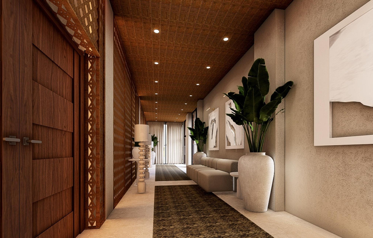 Modern hallway with wooden doors, textured wall, and seating area, decorated with indoor plants and art.