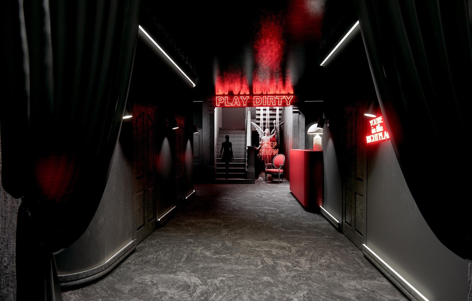 A dimly lit hallway featuring red lights and flowing black curtains, creating a mysterious and dramatic atmosphere. 