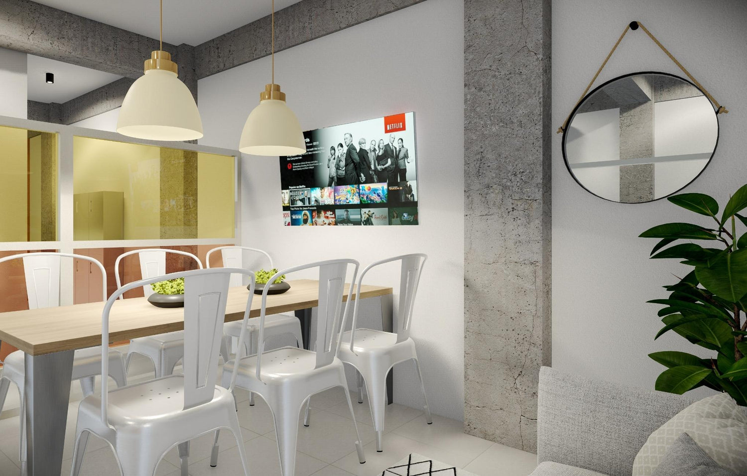 Modern dining room with white chairs, wooden table, pendant lights, and a round mirror on the wall.