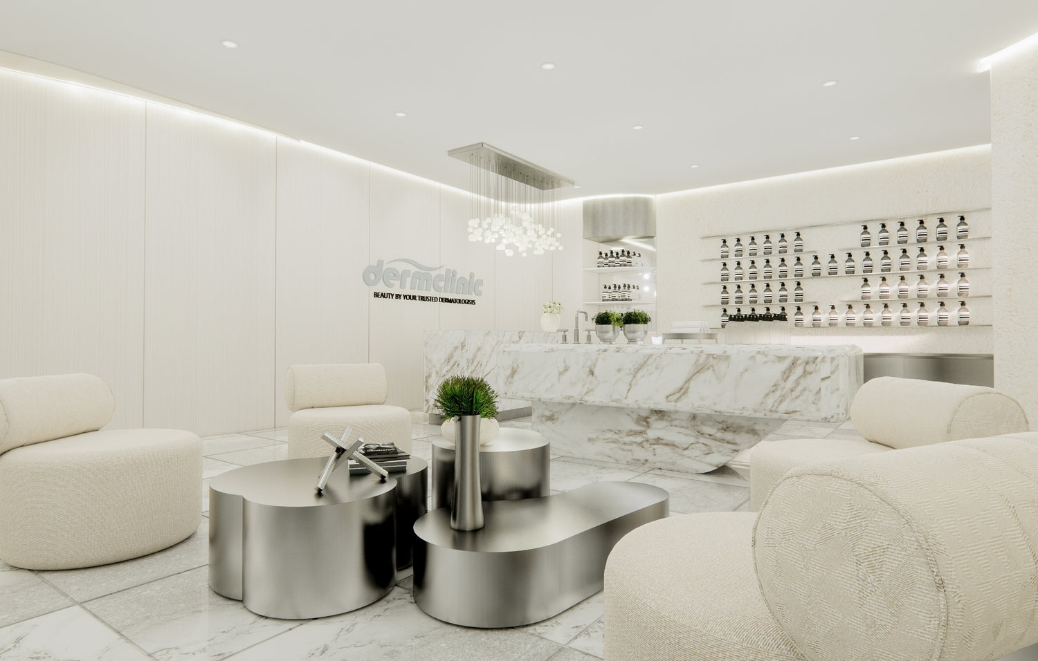 Modern beauty clinic reception with marble desk, white furnishings, and product shelves.