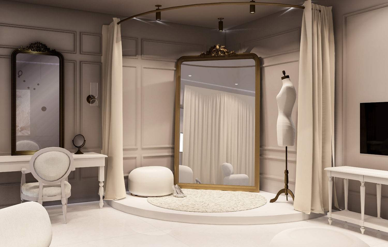 Elegant dressing room with large ornate mirrors, a mannequin, and classic furniture.