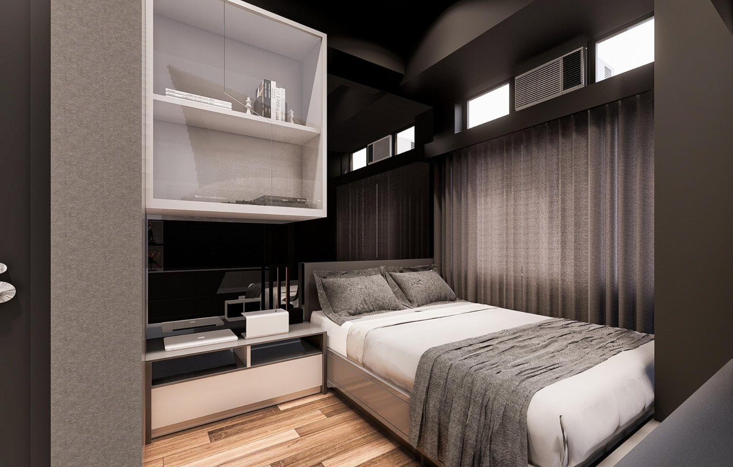 Modern bedroom with a dark color scheme, featuring a bed with gray bedding and floating shelves.
