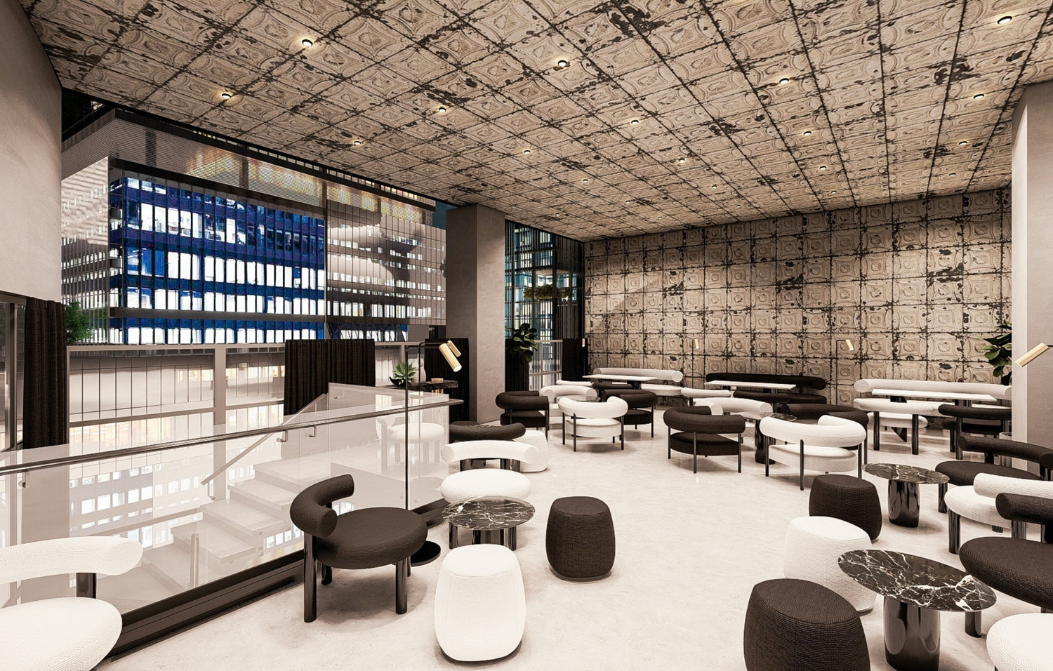 Modern interior with textured ceiling, bookshelves, stairway, and stylish seating.
