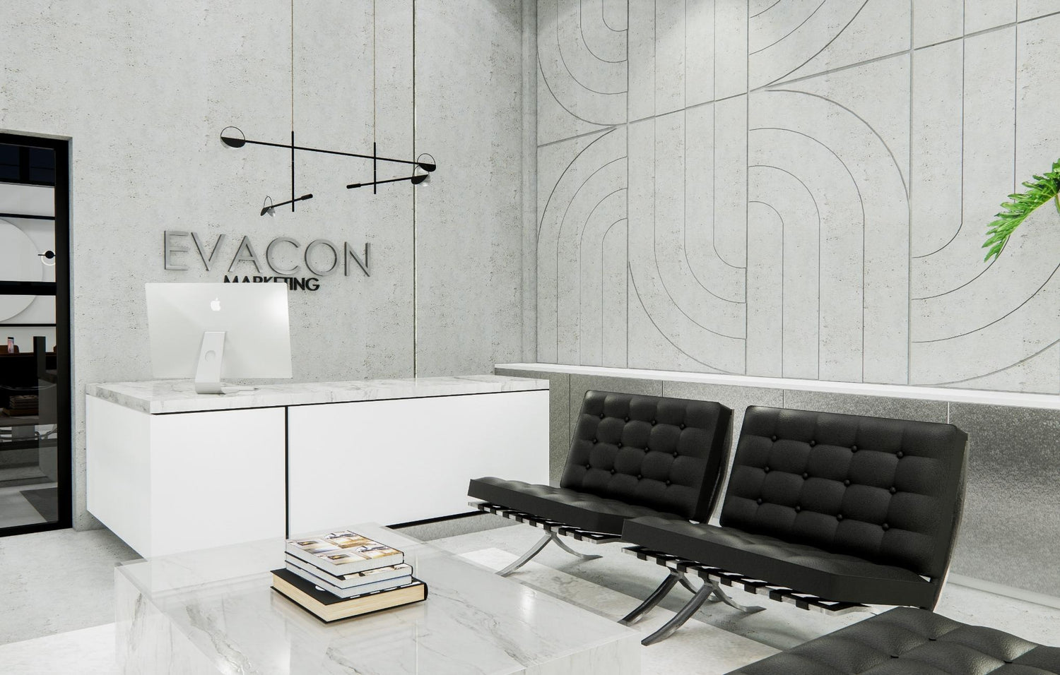 Modern office lobby with reception desk, computer, black bench seating, and abstract wall art.