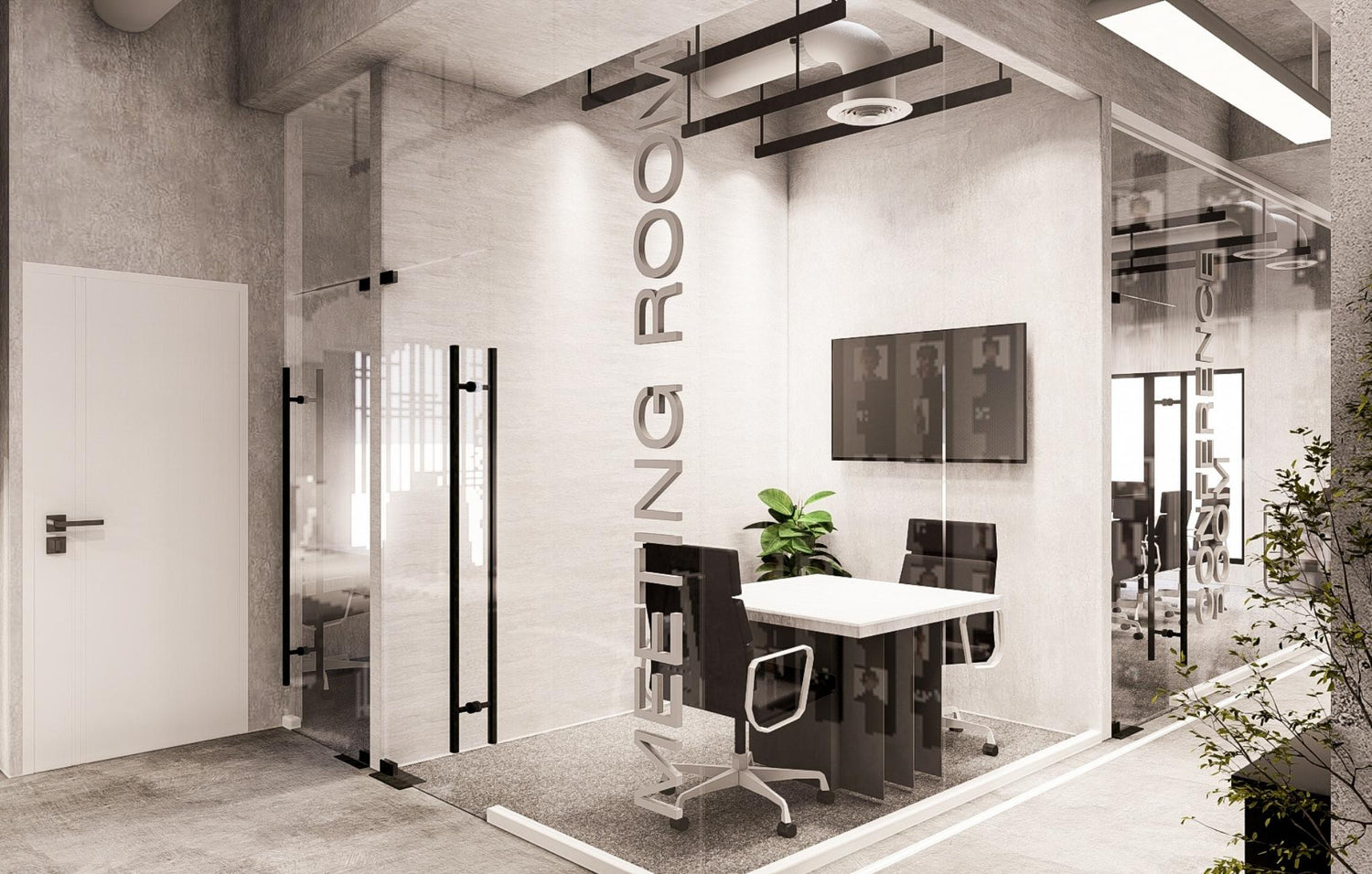 Modern meeting room interior with glass walls, a white table, chairs, and "MEETING ROOM" signage.