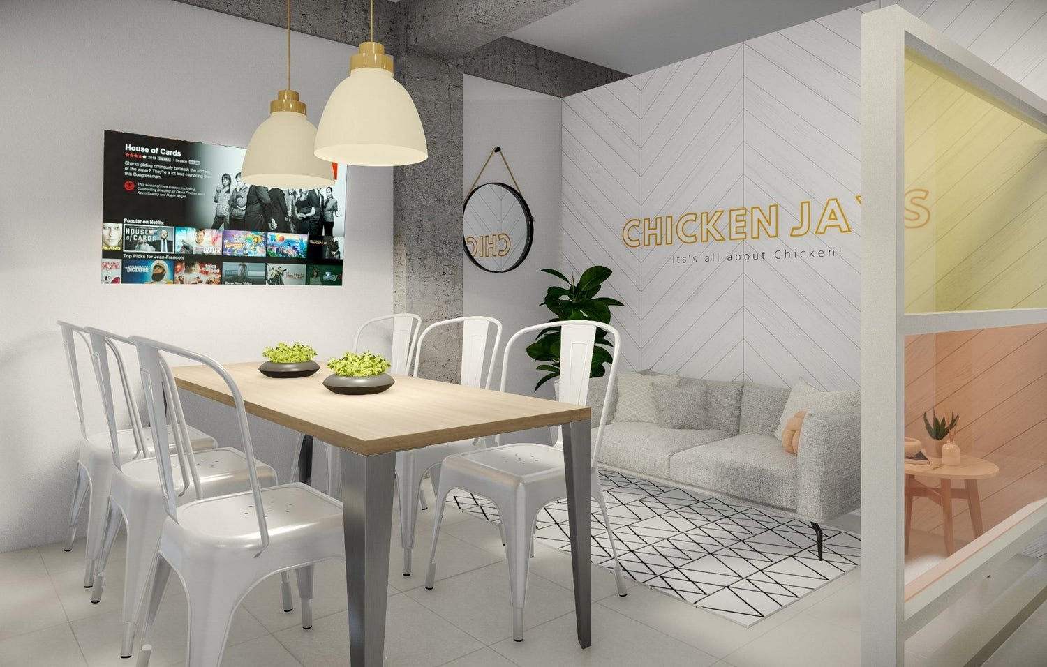 Modern dining and living area with minimalist furniture and a "CHICKEN JAS" wall sign.