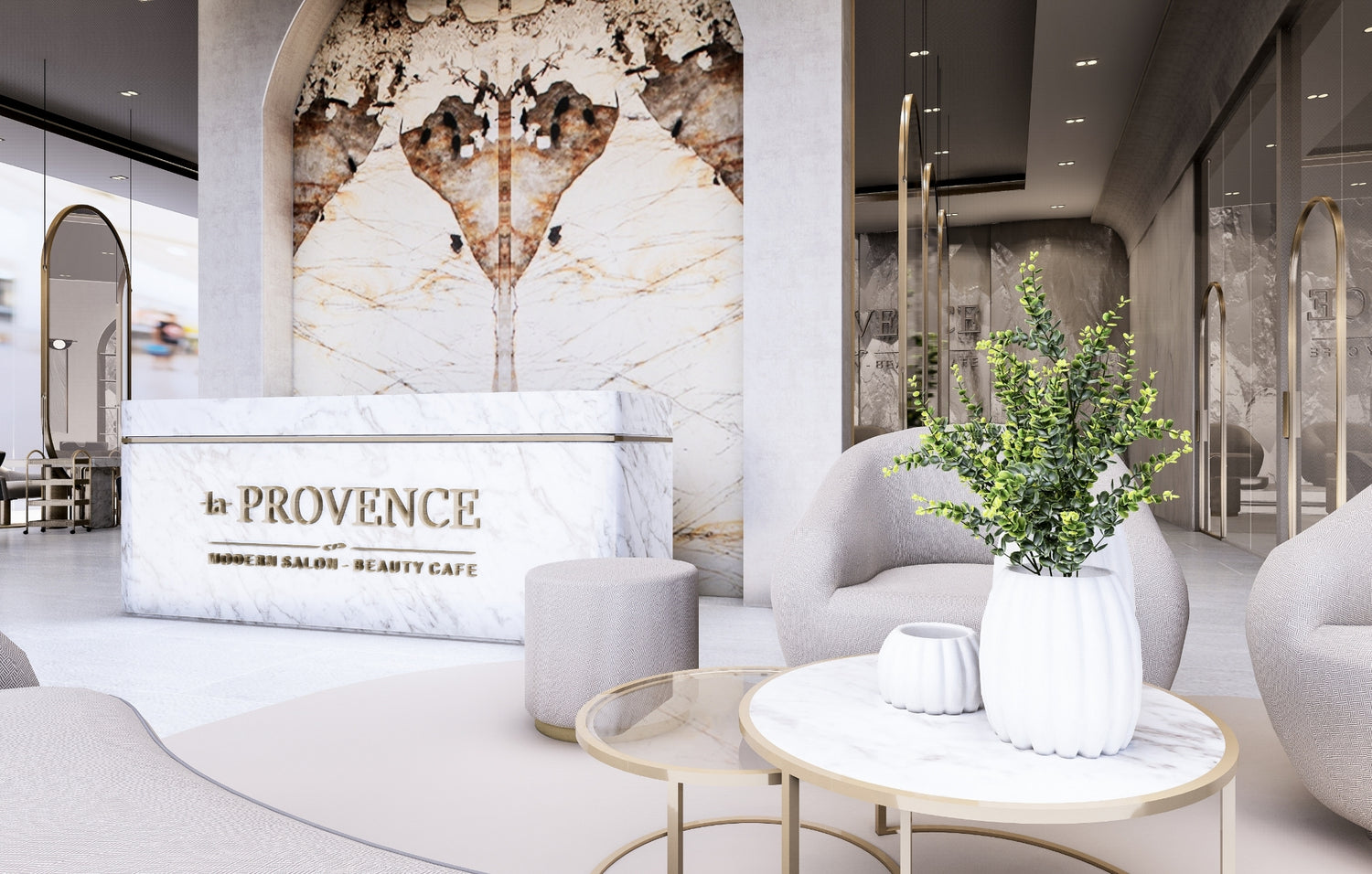 Modern salon interior with marble reception desk, stylish furniture, and elegant decor.
