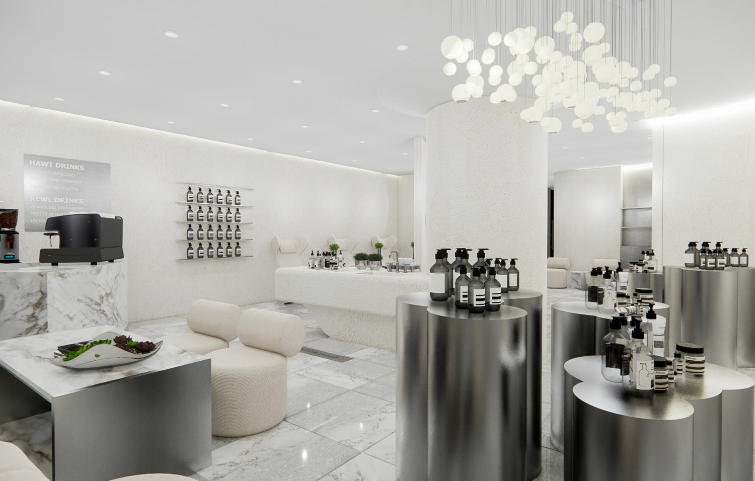 Modern lounge area with white marble accents, plush seating, and unique hanging light fixtures.