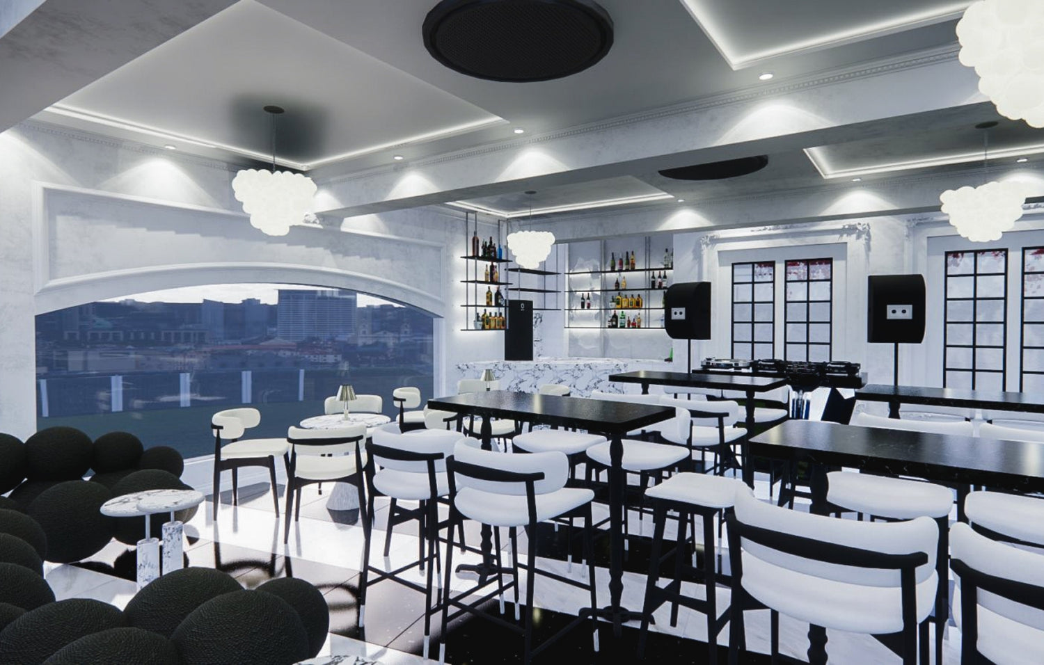Modern bar interior with white and black decor, pendant cloud lamps, and a cityscape mural