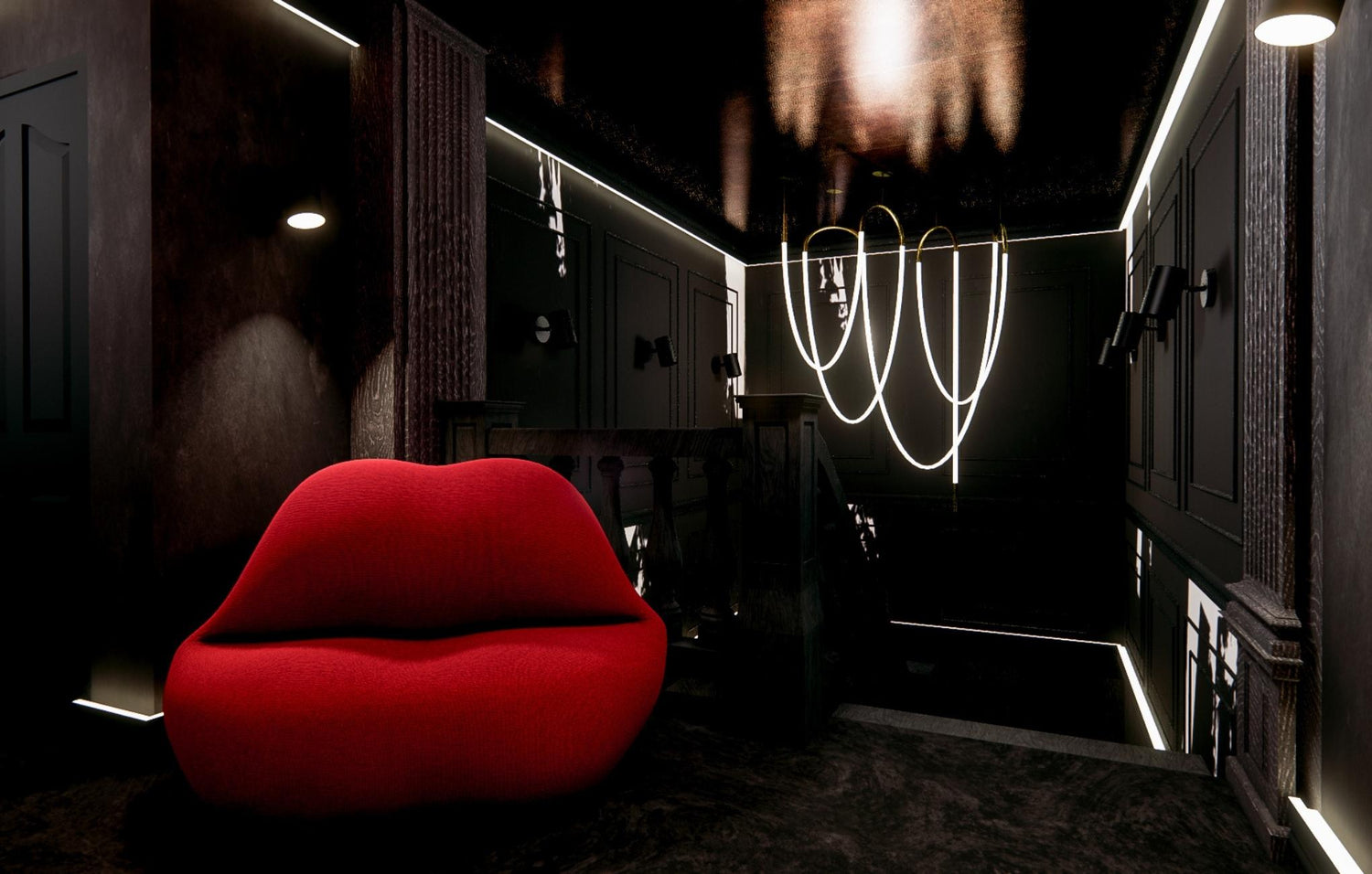 A modern, dark room with a red lip-shaped sofa and abstract circular hanging lights.