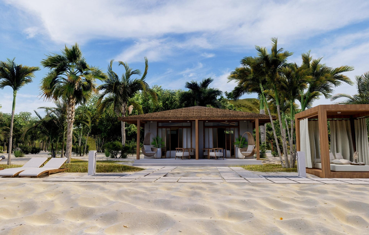 Beachfront resort with palm trees, a thatch-roofed bungalow, and loungers on sand.