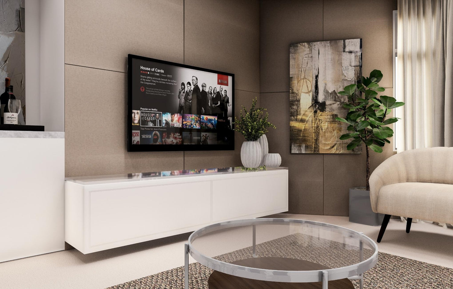 Modern living room with a mounted TV displaying a streaming service interface, white furniture, and abstract art.   