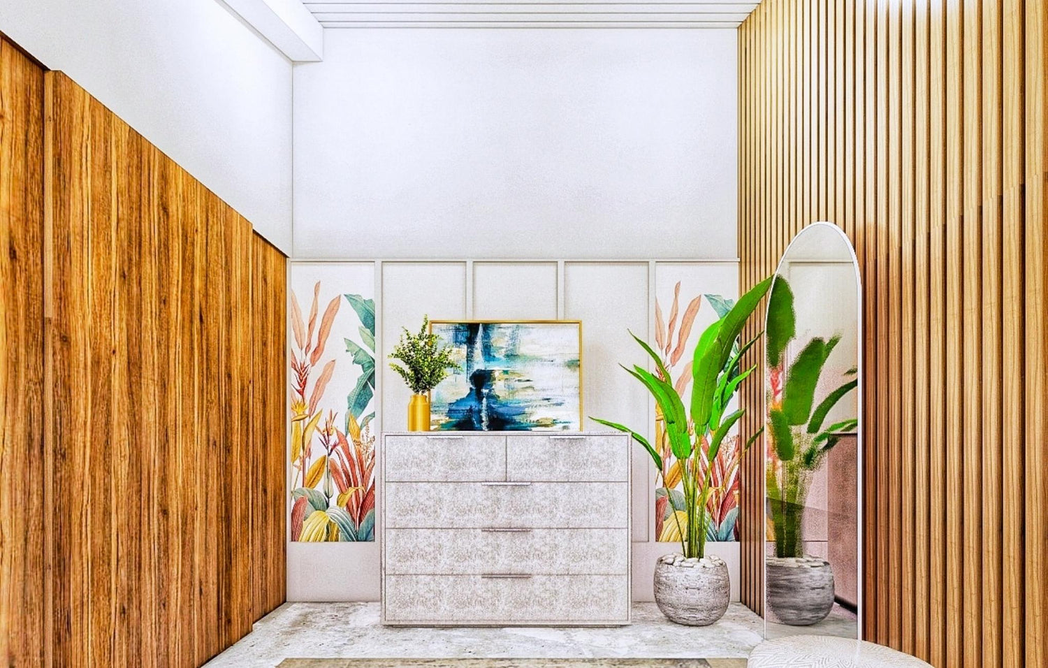 A bright hallway featuring a white dresser adorned with a green plant, creating a fresh and inviting atmosphere.