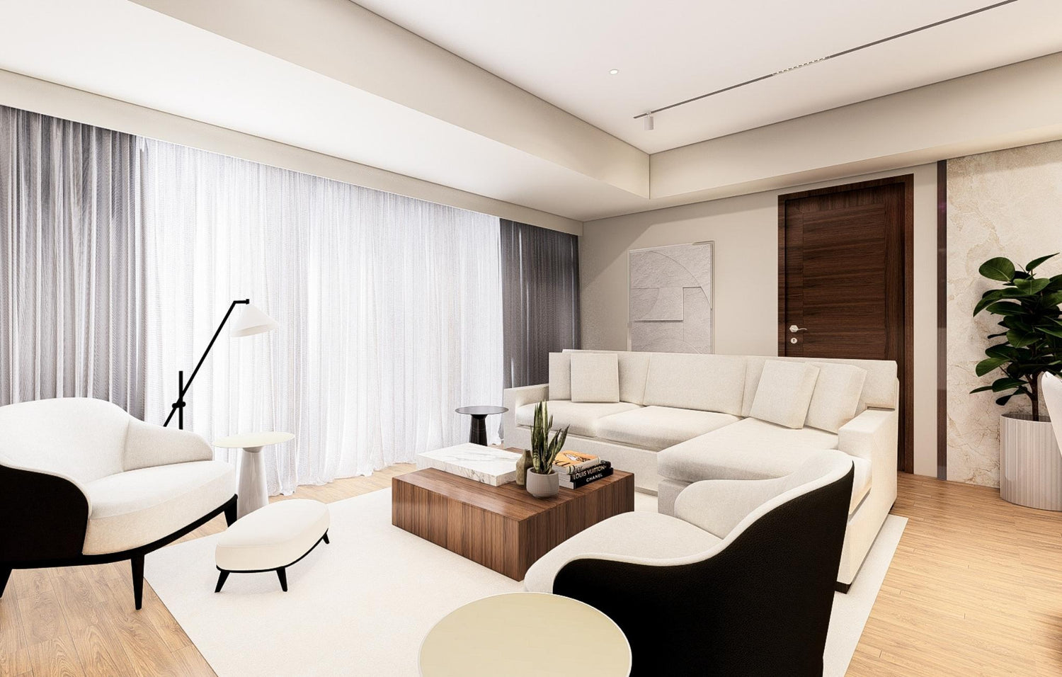 A modern living room featuring sleek white furniture and a spacious window allowing natural light to fill the space.