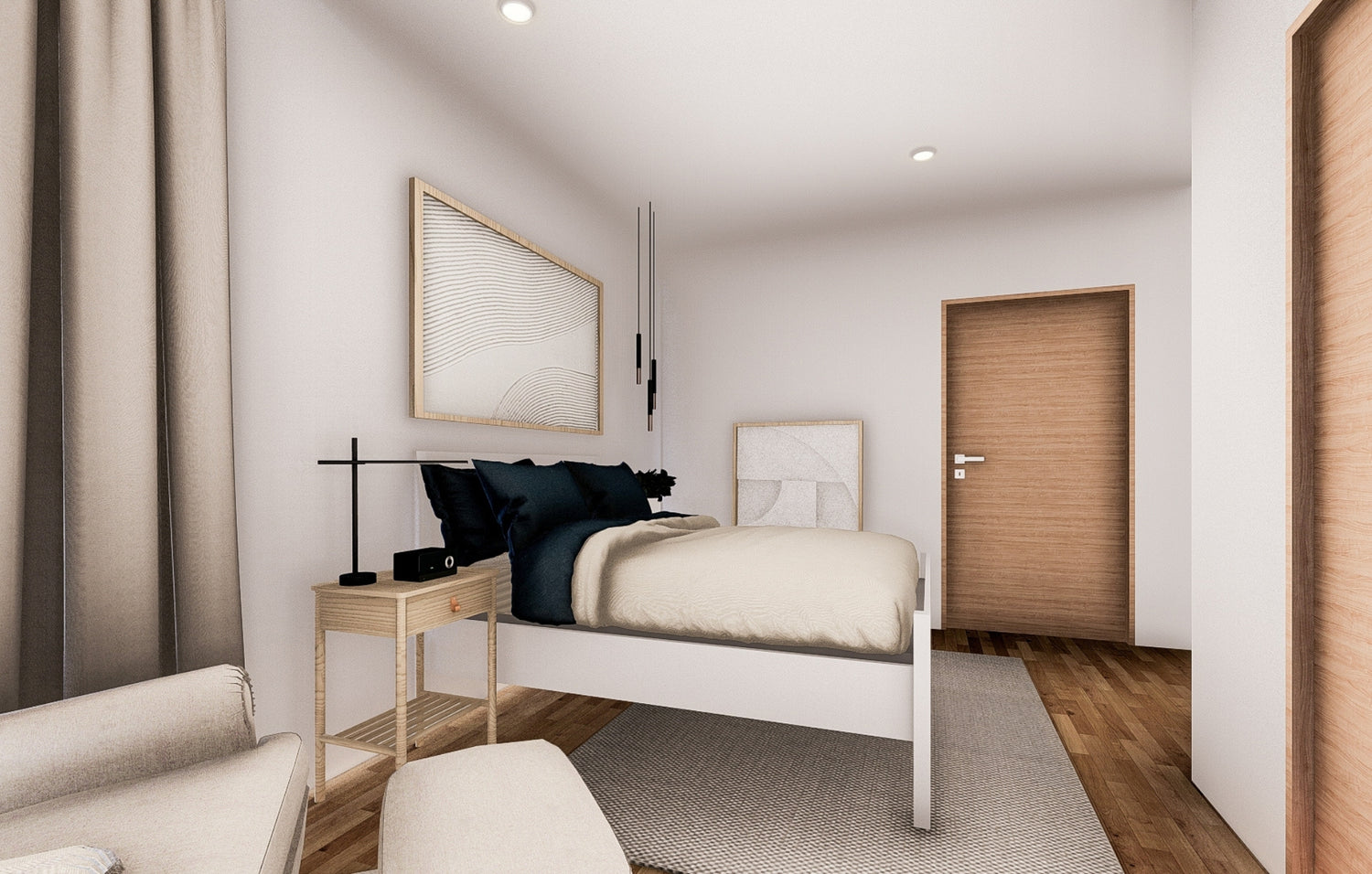  A cozy small bedroom featuring a bed, a chair, and a colorful painting on the wall.