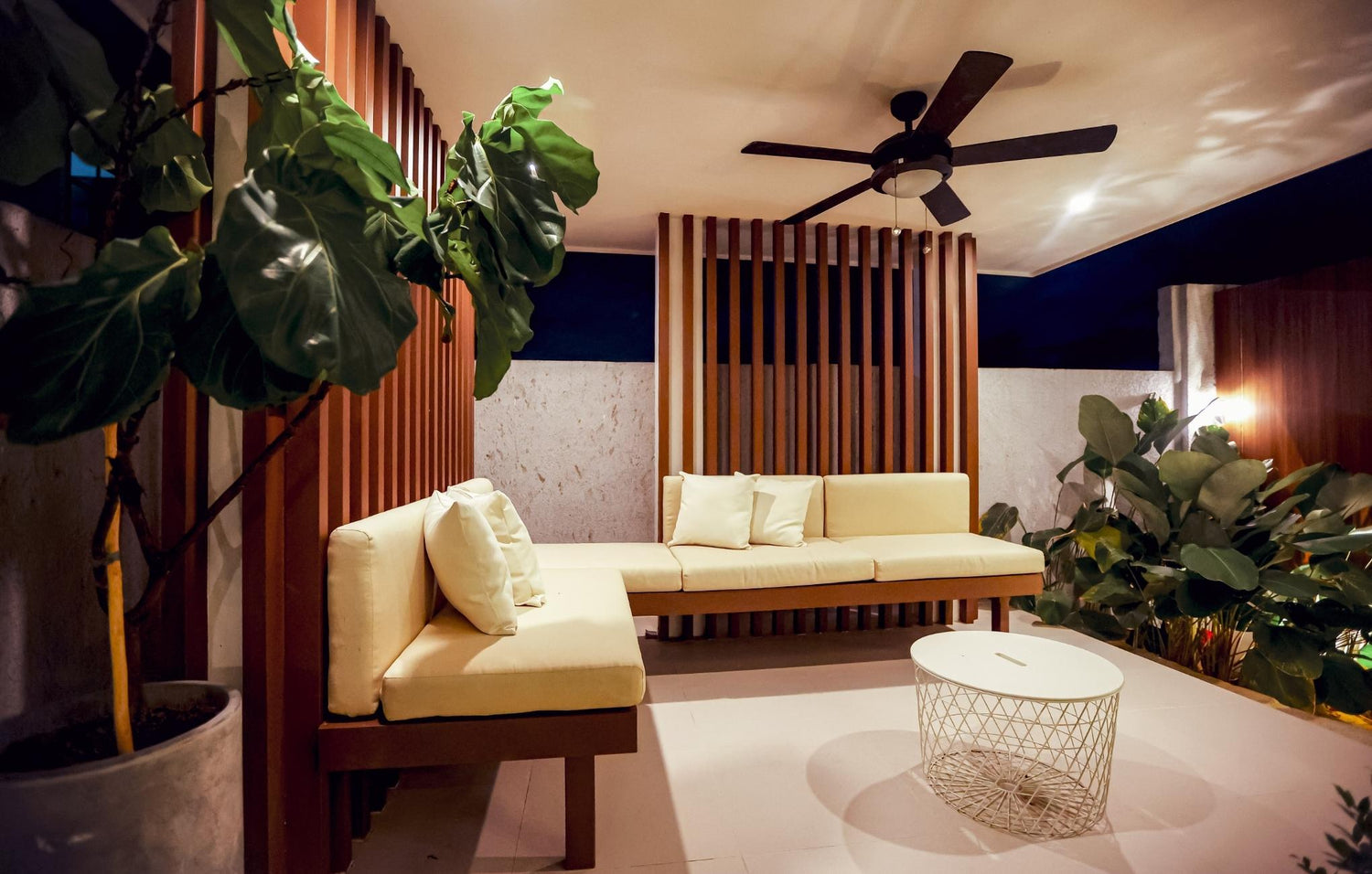 . Cozy living room featuring a comfortable couch, a stylish table, and vibrant plants adding a touch of nature.