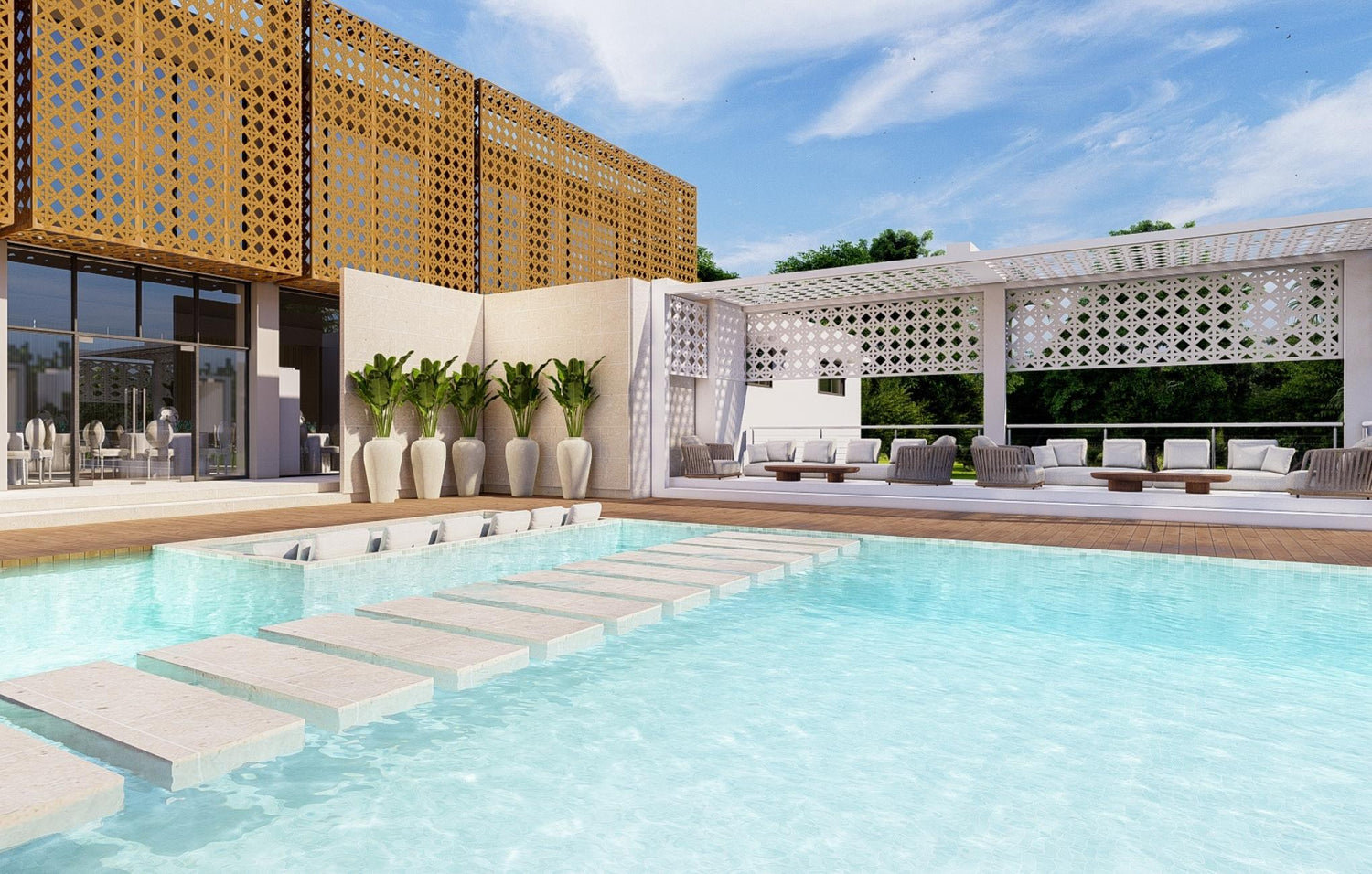 Luxurious outdoor pool area with decorative screens, stepping stones, and lounge seating.