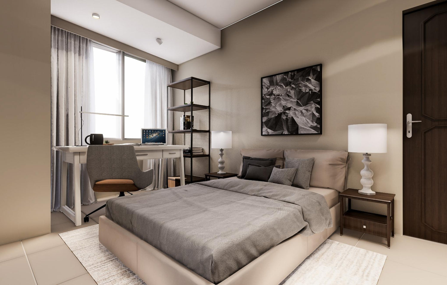 Contemporary bedroom design showcasing a bed, a desk, and a chair in a minimalist style.
