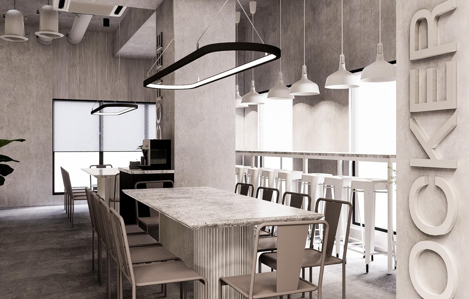 Modern cafe interior with pendant lights, tables, chairs, and artistic wall decor.