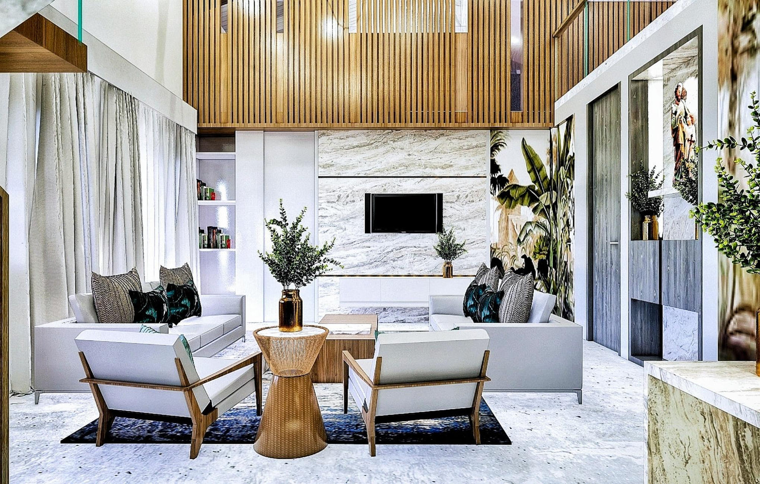 A stylish modern living room featuring white furniture and elegant wood paneling, creating a cozy and inviting atmosphere.