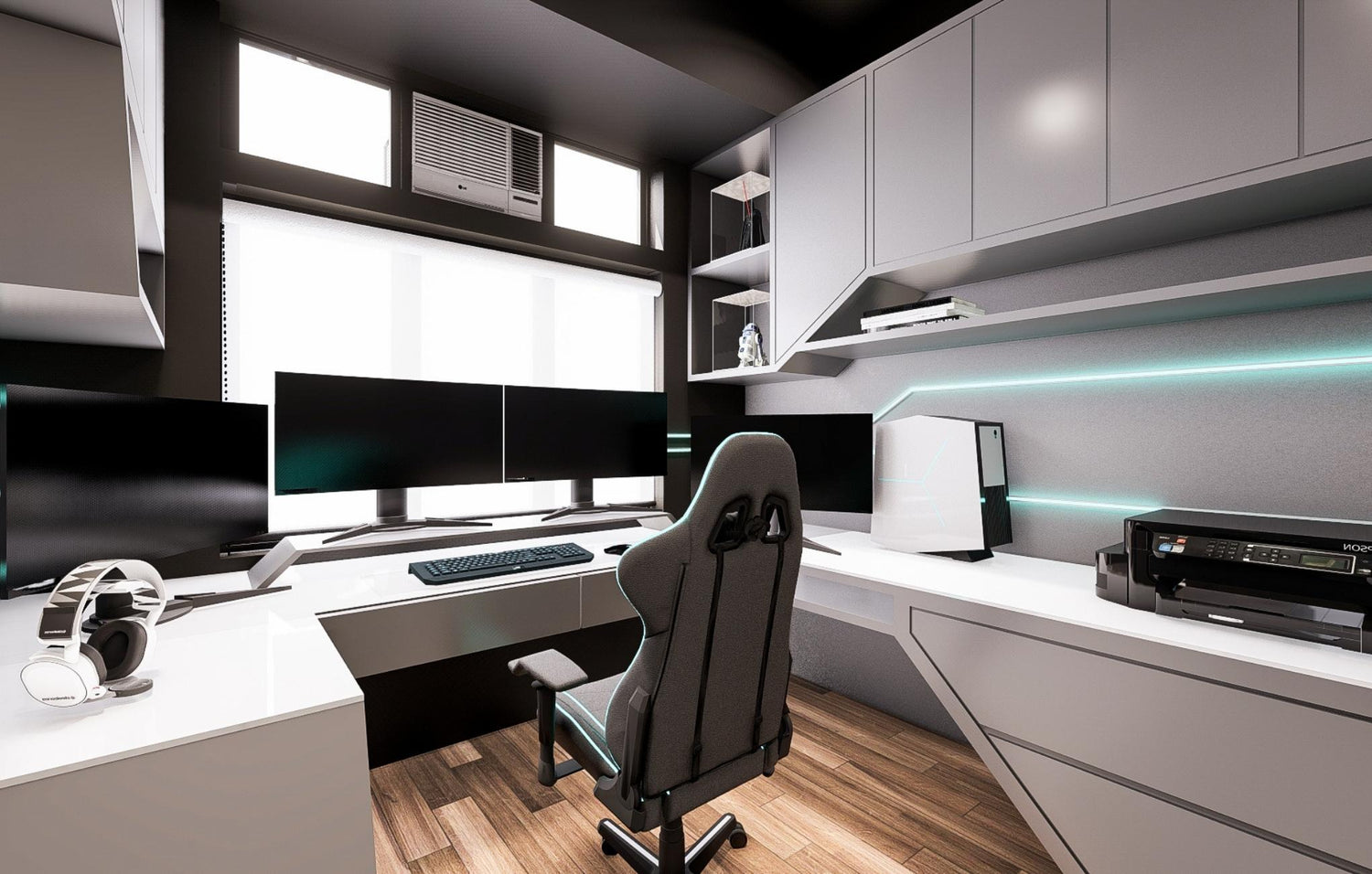 Modern home office with a multi-monitor setup, black office chair, and ambient lighting.