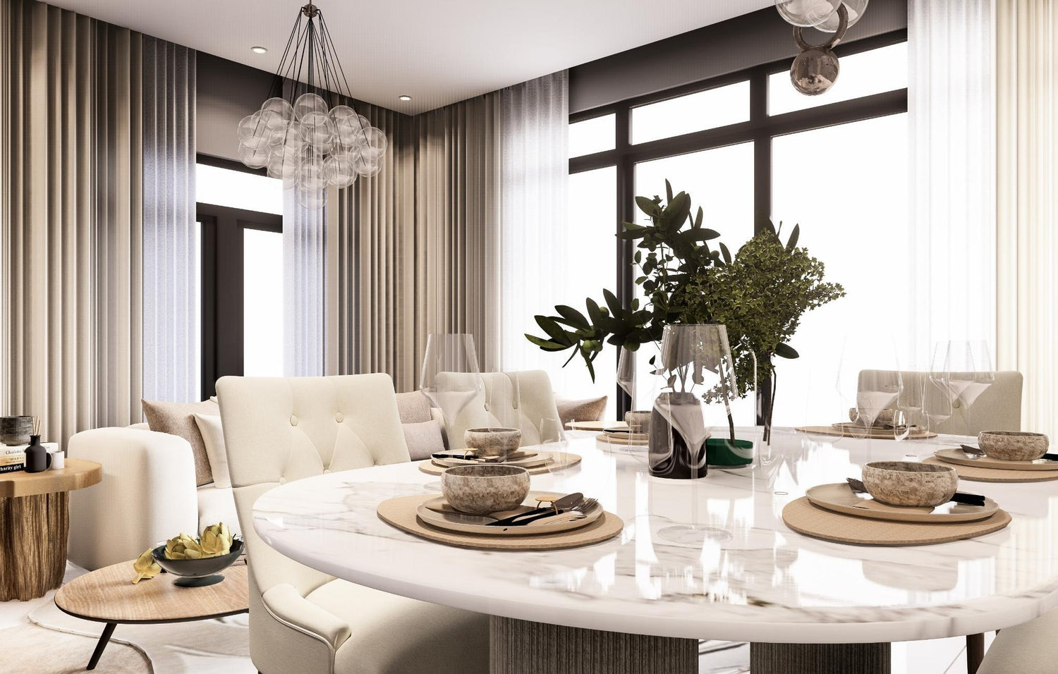  Modern living room design with minimalist white furniture, exuding a clean and sophisticated vibe.