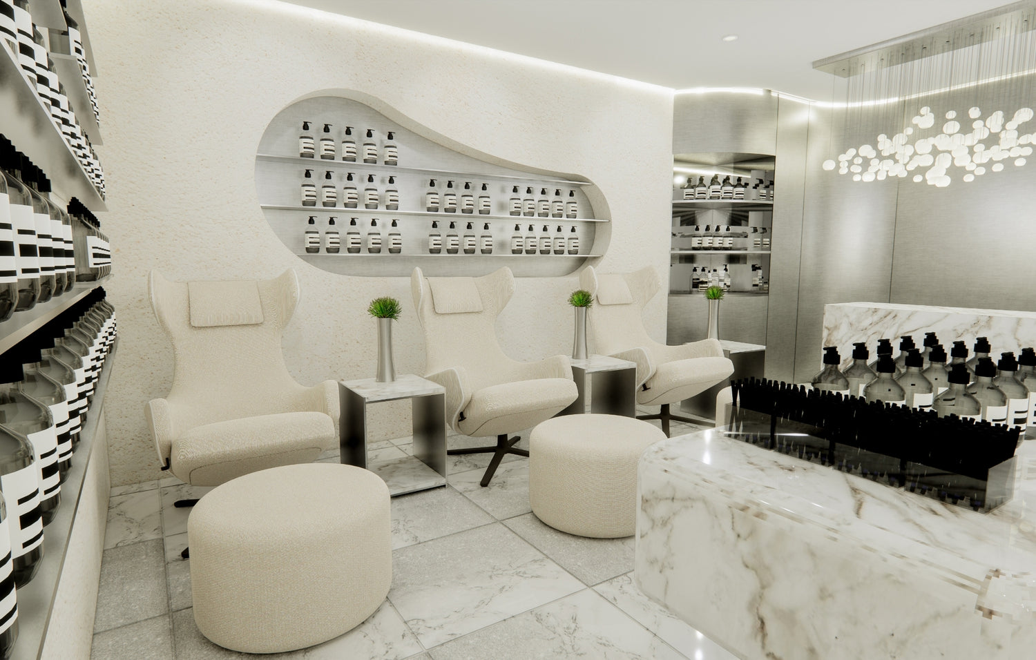 Modern beauty salon interior with white chairs, shelves with products, and marble flooring.