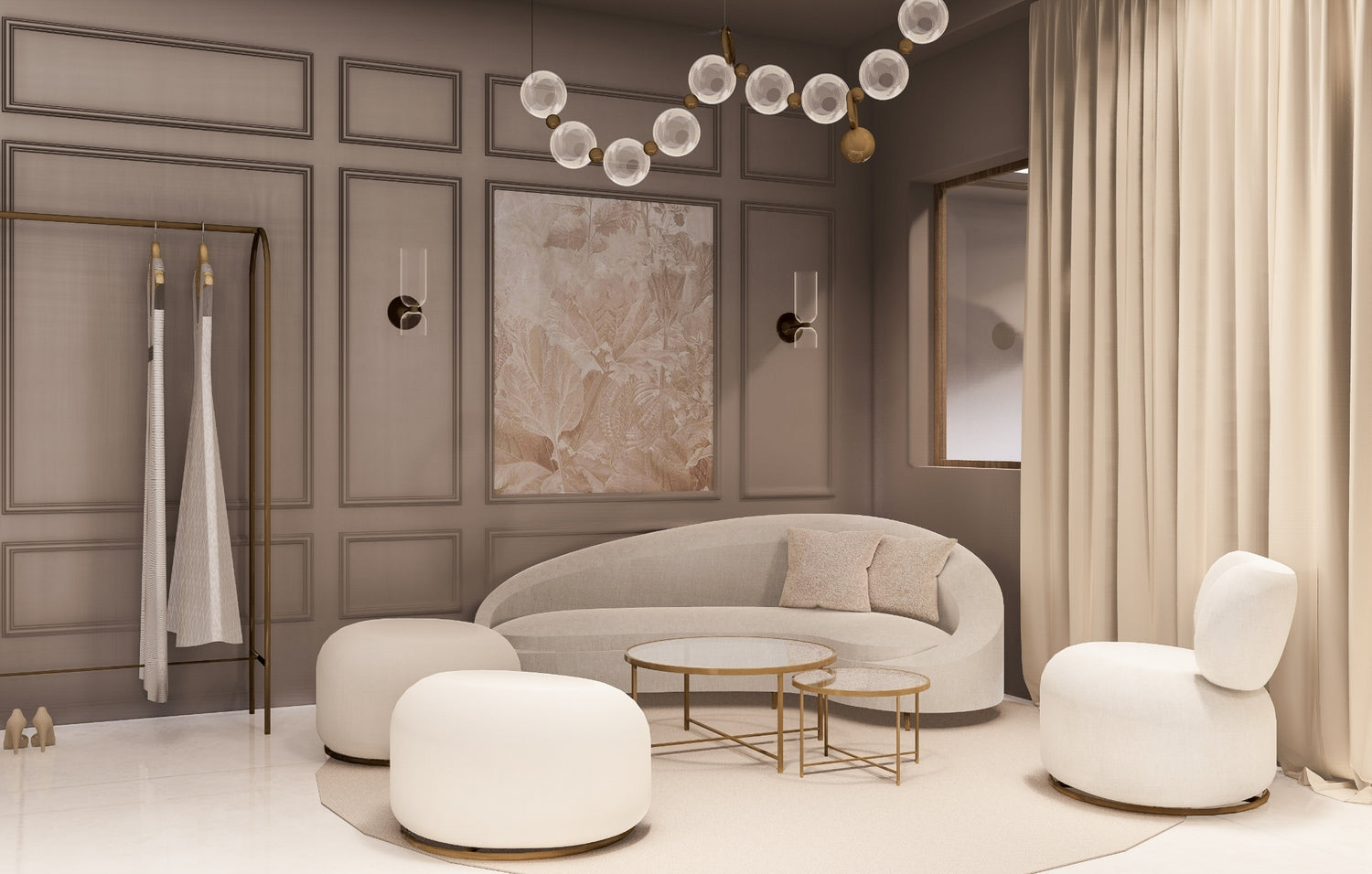 Elegant living room with neutral tones, modern furniture, and bubble pendant lights.