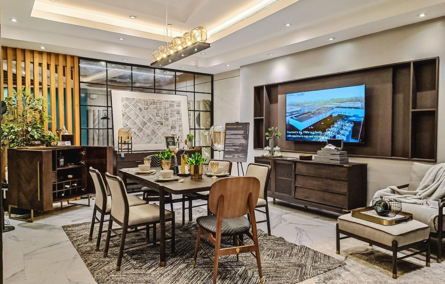 A stylish dining room table featuring elegant gold and black accents, creating a modern and sophisticated atmosphere.
