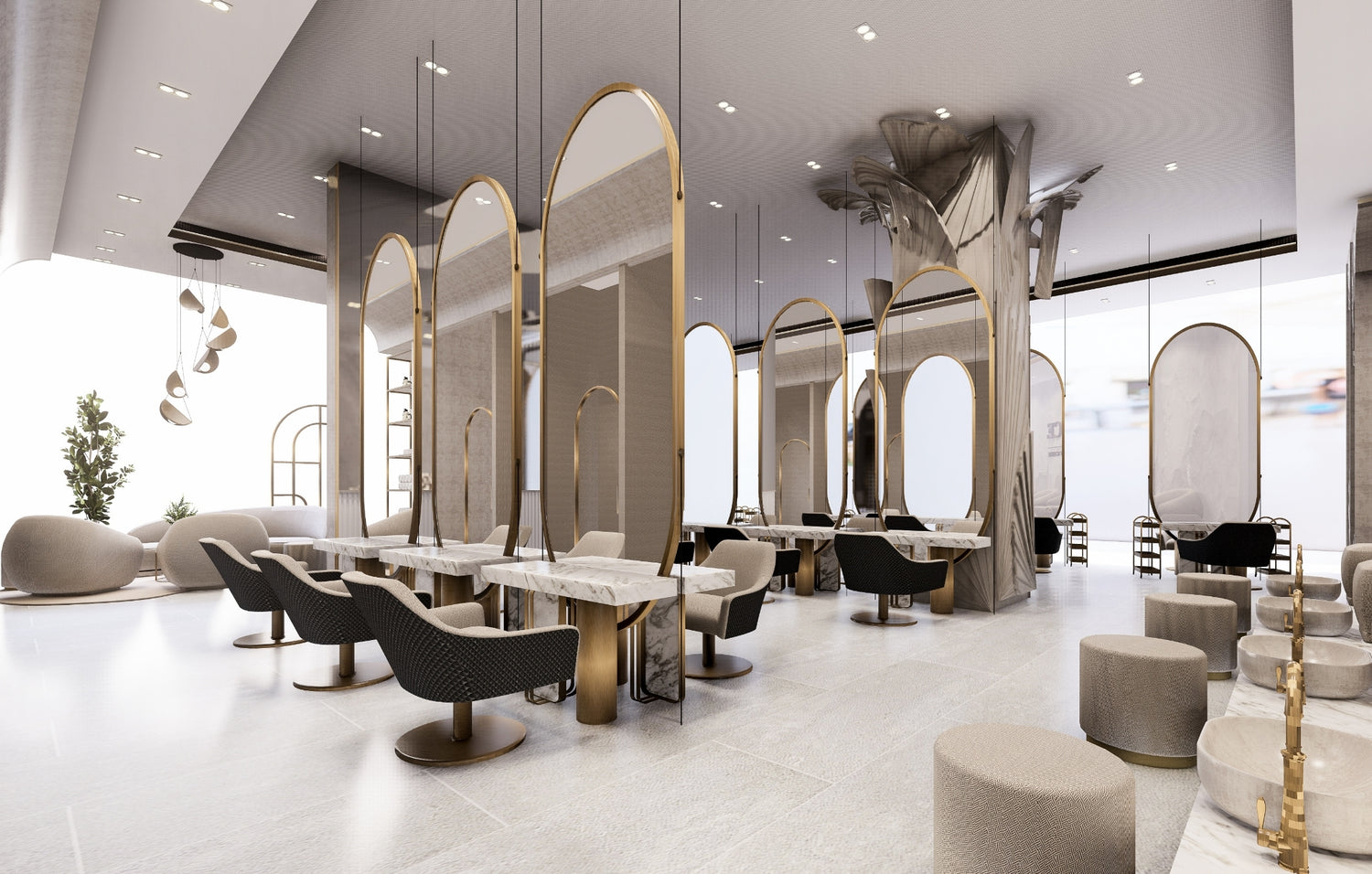 Modern salon interior with marble tables, arching mirrors, and elegant chairs.