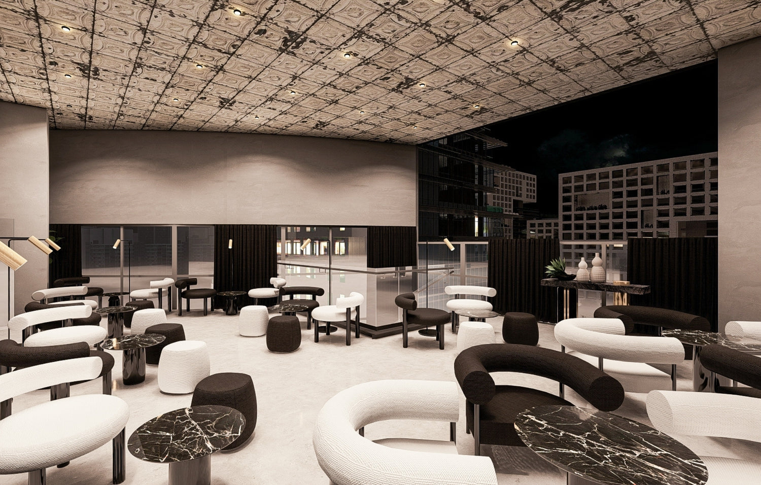 Elegant monochrome lounge area with modern furniture and textured ceiling.