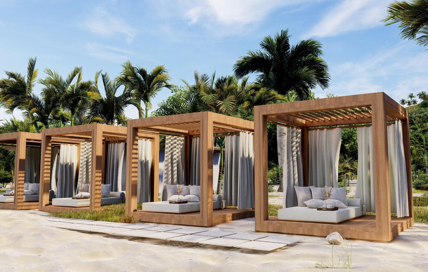 Modern beach cabanas with curtains set among palm trees.