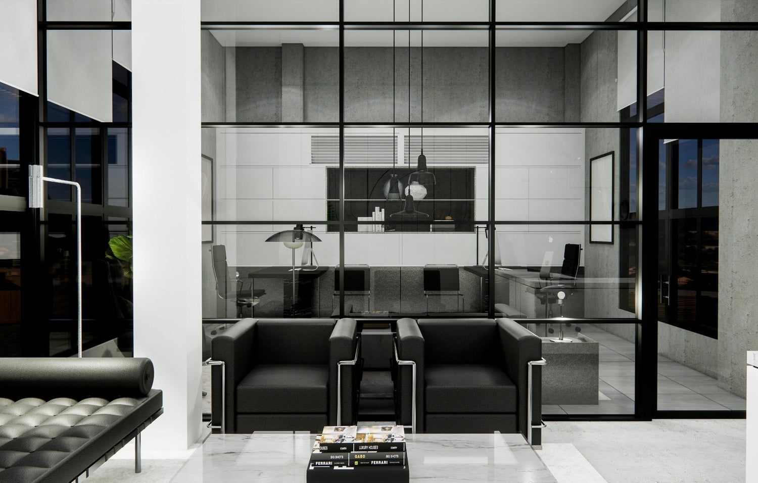 Modern office lobby with black sofas, glass partitions, and sleek decor.