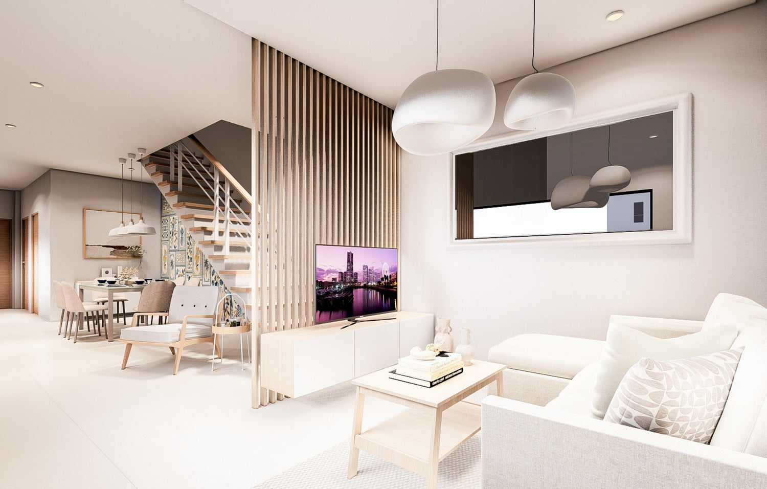  Modern living room design showcasing a staircase and a sleek television setup.