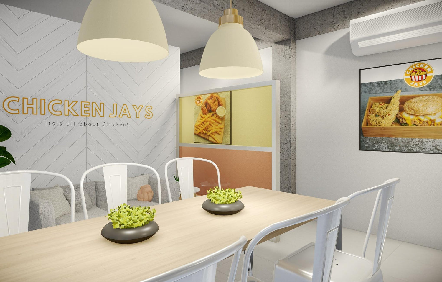 Modern restaurant interior with white chairs, wooden tables, and Chicken Jays branding.