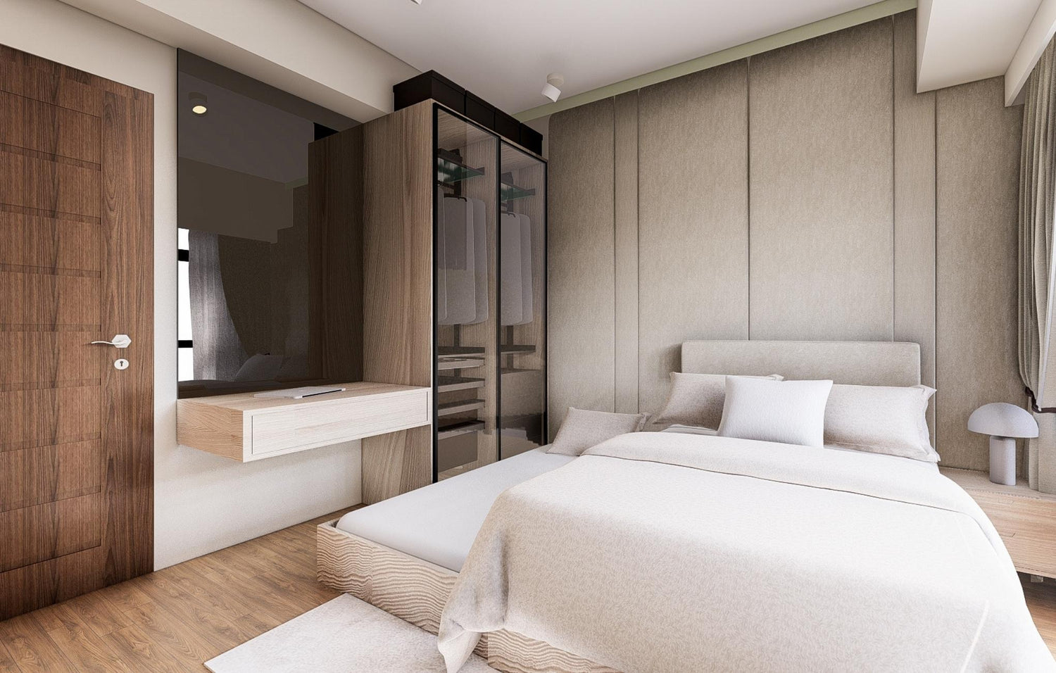 Contemporary bedroom design showcasing a comfortable bed, a functional desk, and an organized closet space.