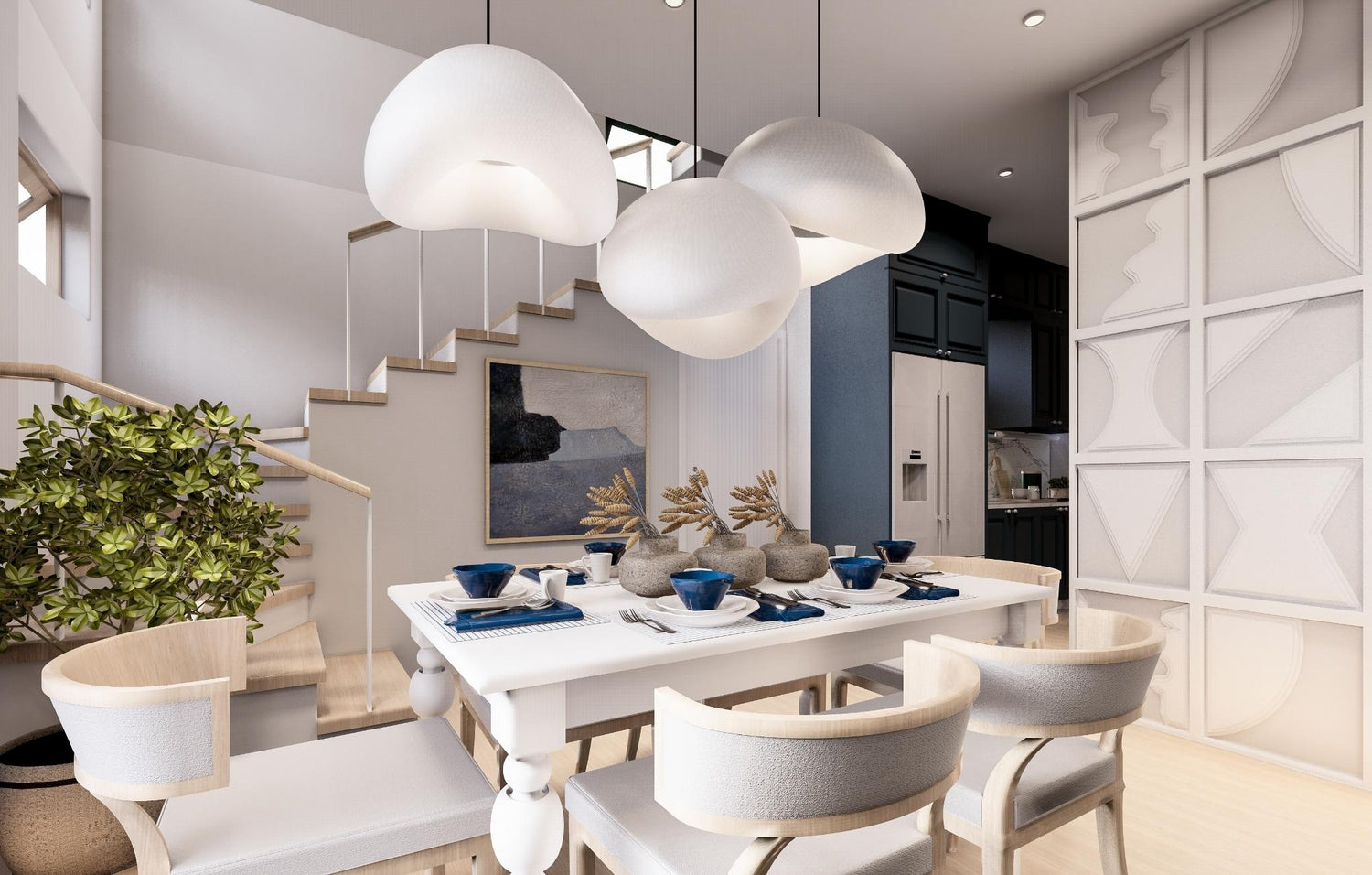  A cozy dining room featuring elegant white and blue accents, creating a fresh and inviting atmosphere for meals.
