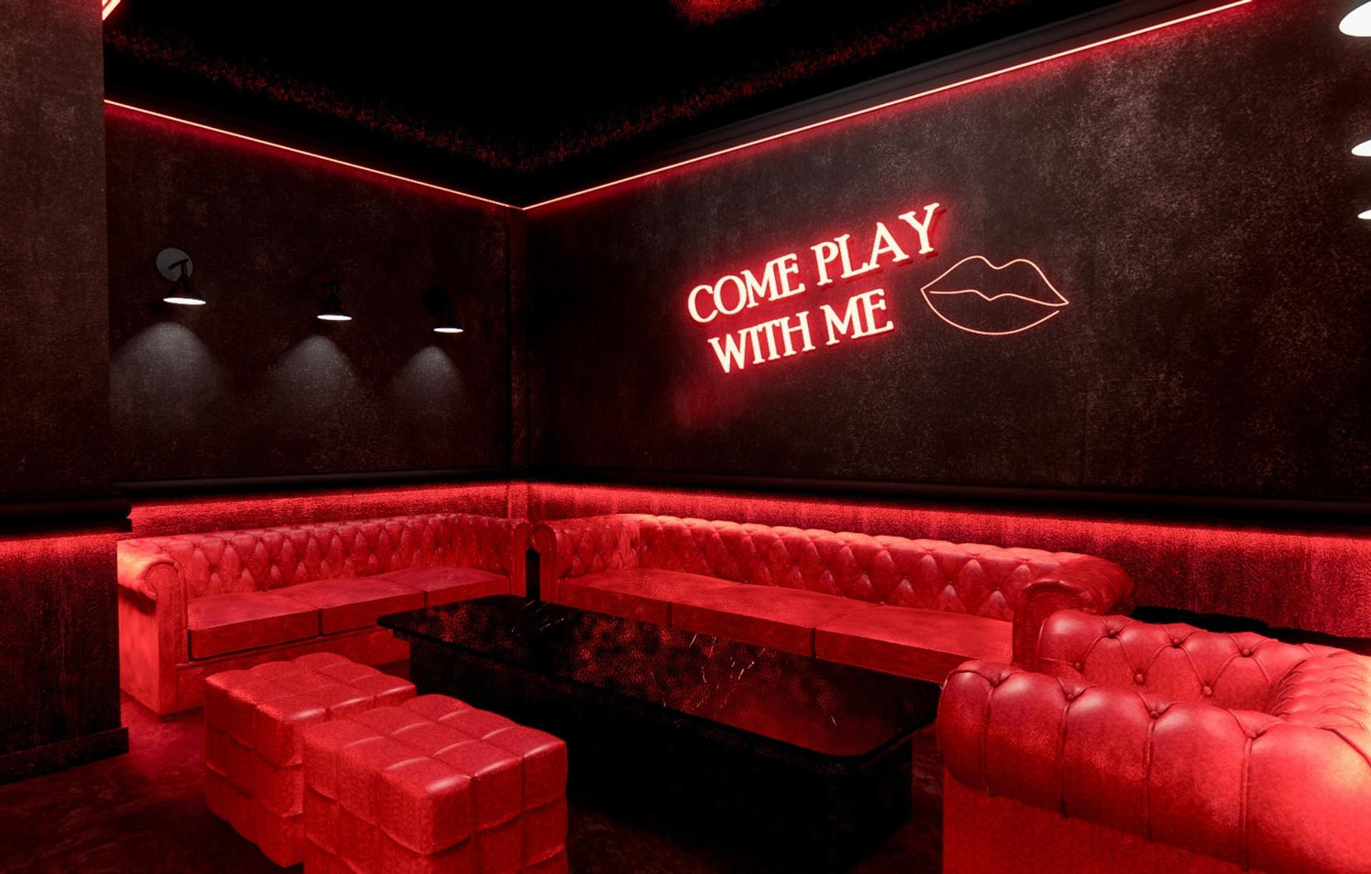 red room featuring plush red couches and a glowing red neon sign, creating a bold and energetic atmosphere.