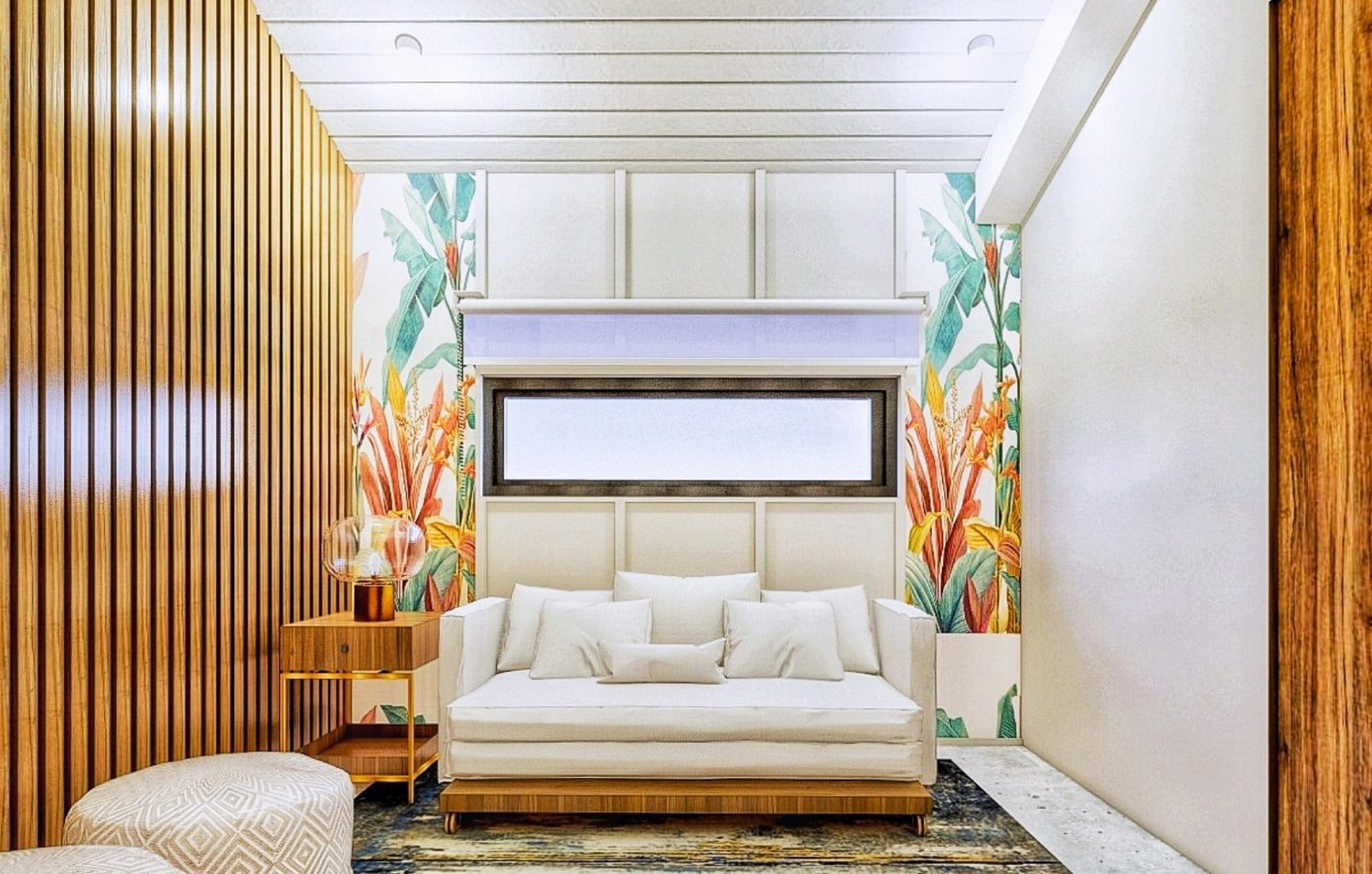 Bright living room showcasing a stylish white couch complemented by elegant wooden paneling for a modern touch.