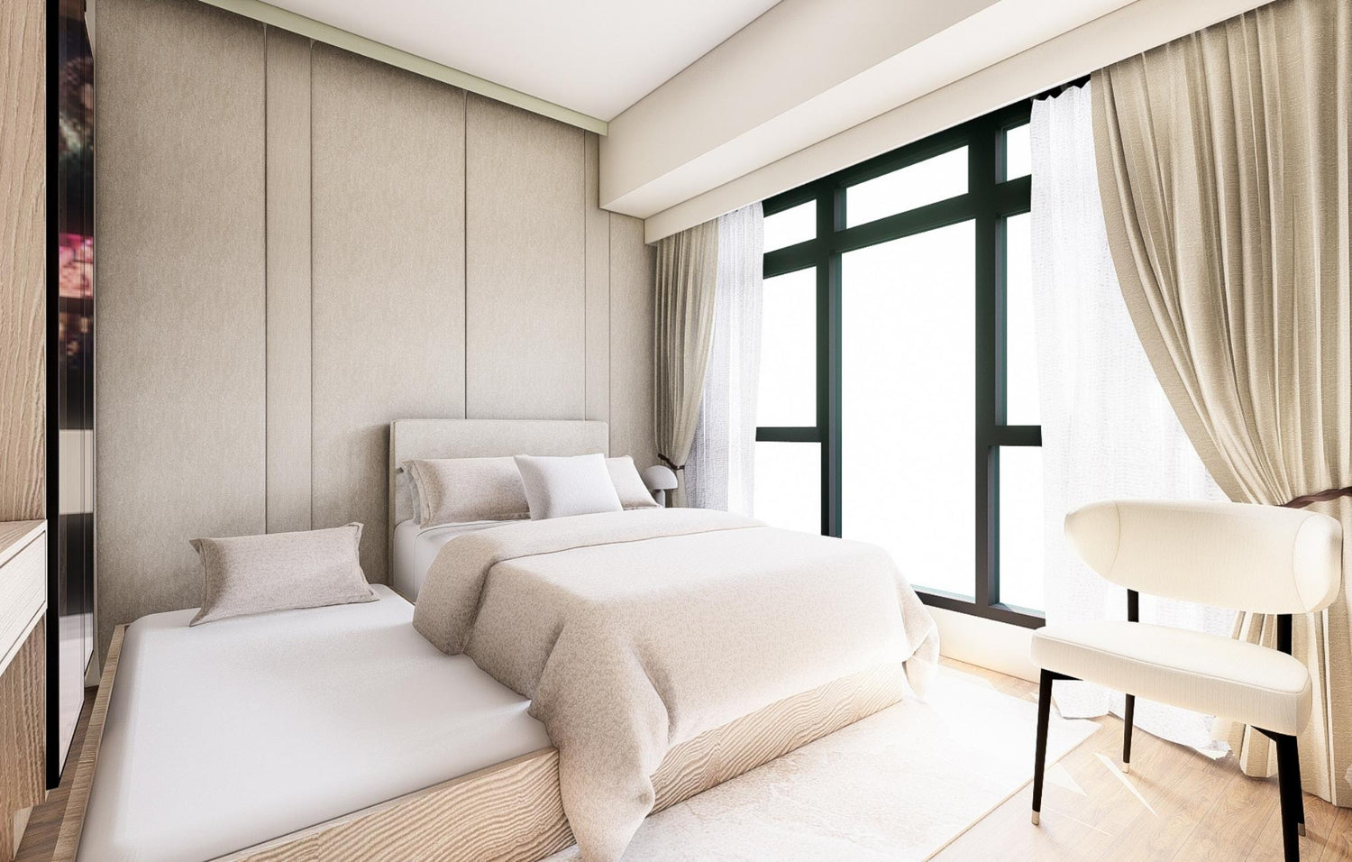  Modern bedroom with a neatly made bed, a minimalist chair, and a spacious window offering a view and natural light.