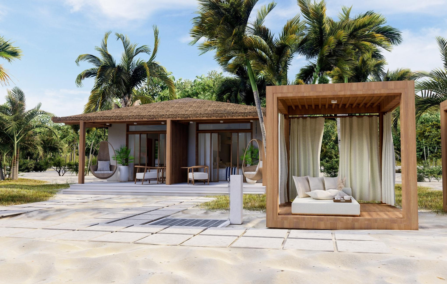 Tropical villa with thatched roof and daybed cabana surrounded by palm trees.