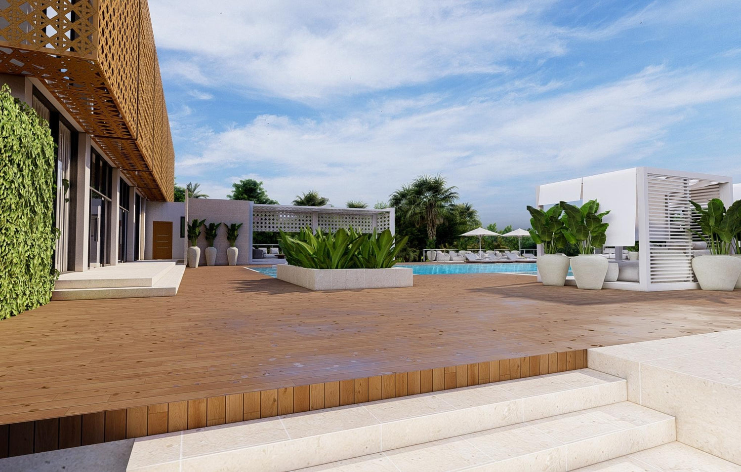 Luxury poolside patio with wooden decking, lounge areas, and potted plants under a clear sky.