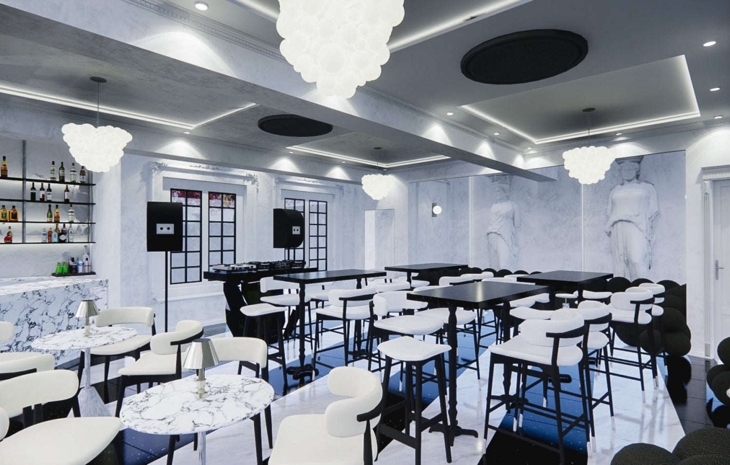Modern dining area with marble tables, black chairs, white sculptures on walls, and unique cloud-like lights.