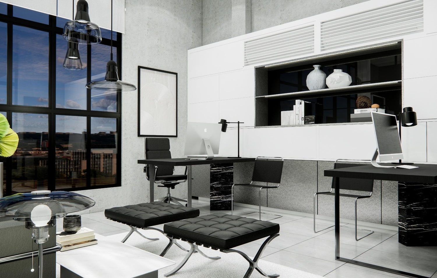 Modern office interior with large windows, sleek furniture, and city view.