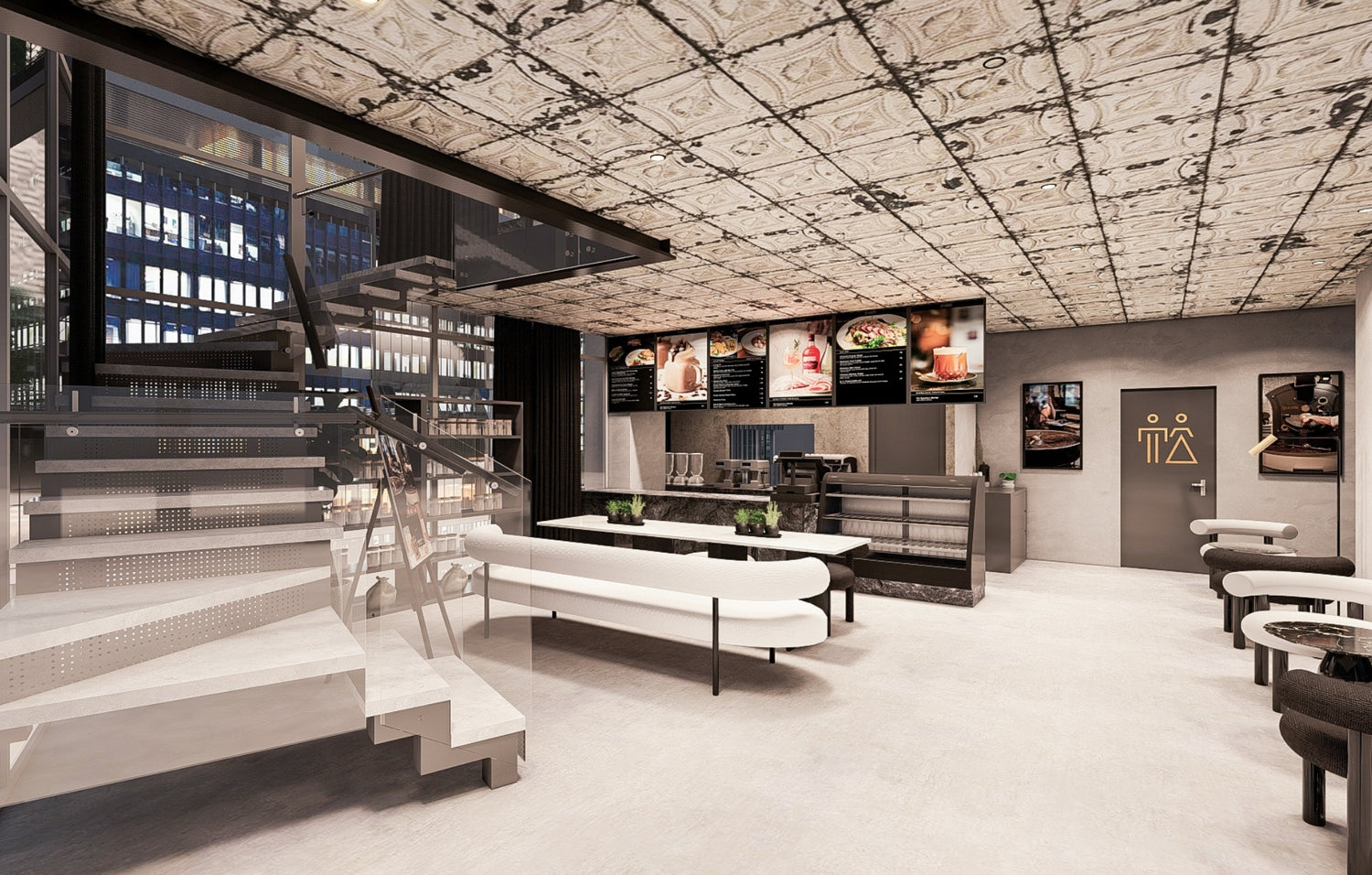 Modern café interior with decorative ceiling, metal staircase, and sofa seating.
