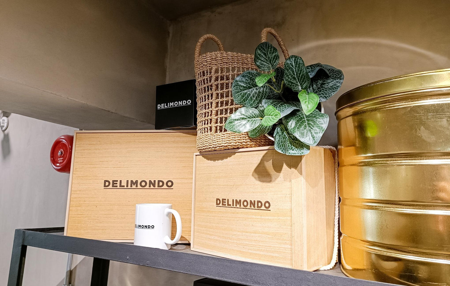 Shelf with boxes labeled 'DELIMONDO', a plant in a basket, a mug, and gold tins. 