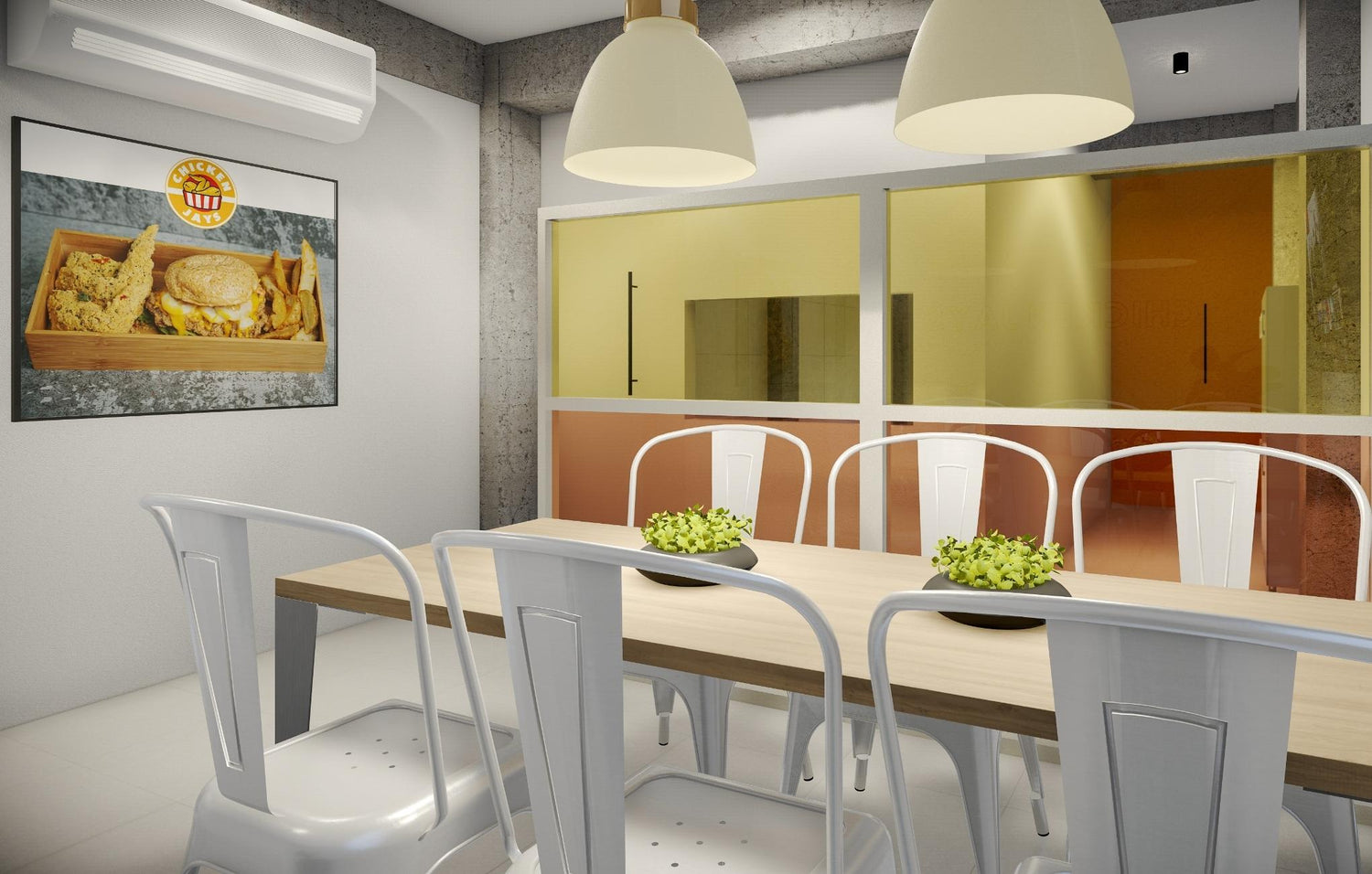 Modern dining area with white chairs, a wooden table, pendant lights, and a food advertisement on the wall.