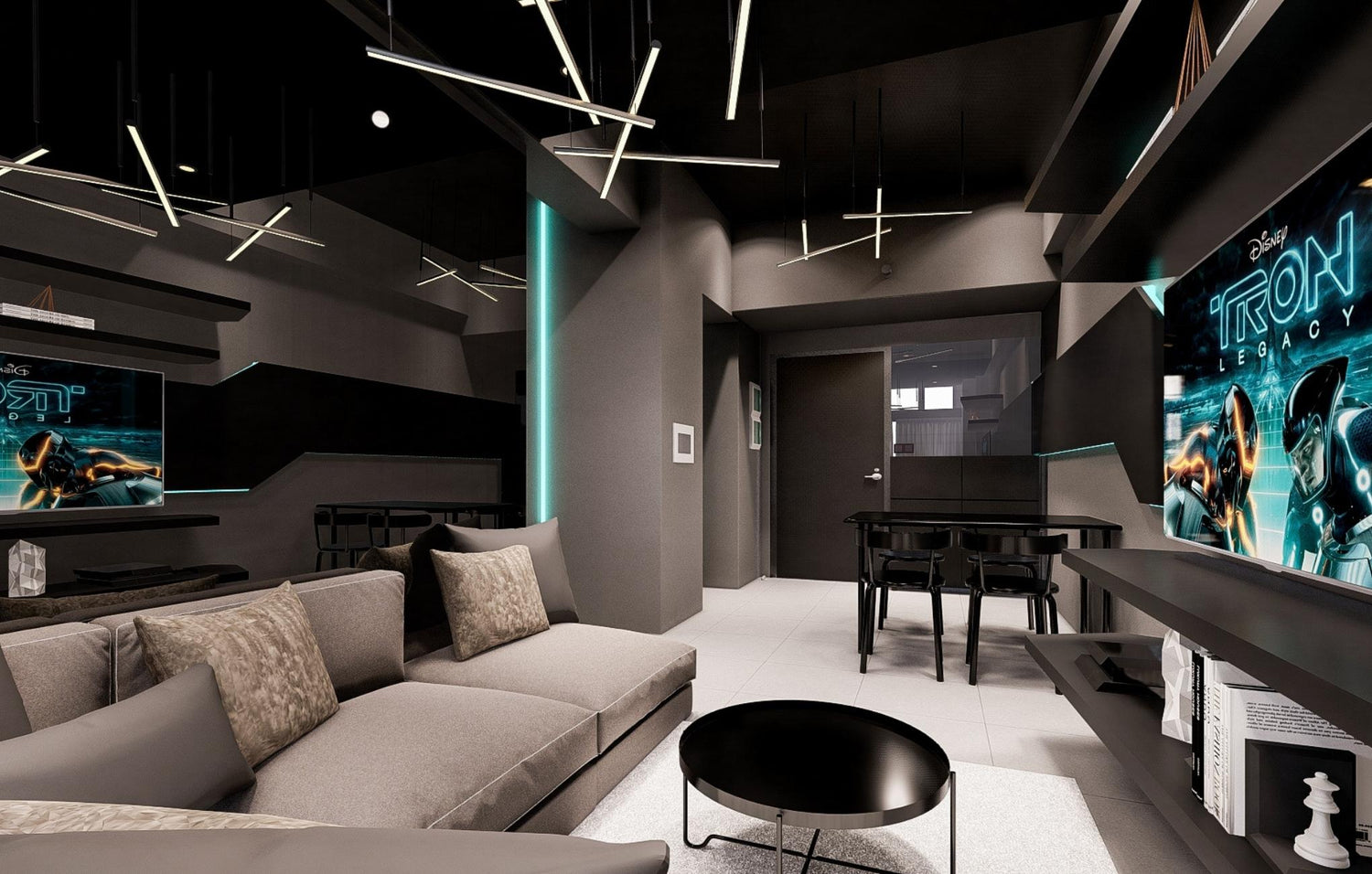 A stylish modern living room featuring a cozy couch, sleek coffee table, and a large TV for entertainment.