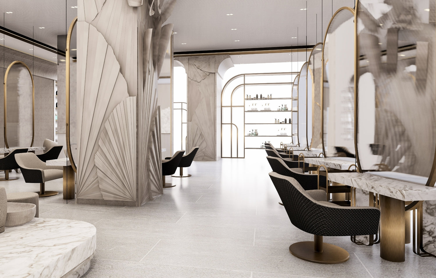 An elegant modern lobby with artistic marble walls, designer chairs, and golden accents.