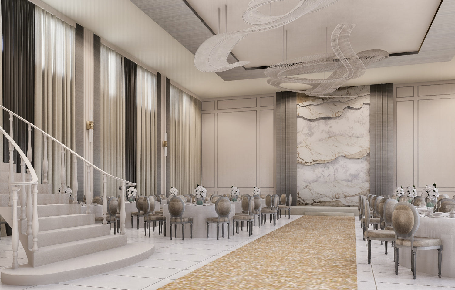 Elegant dining room with a grand staircase, stylish chairs, and sophisticated chandeliers.